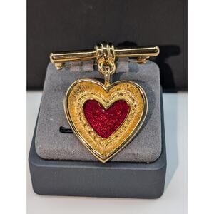 Vintage Signed FO Red Enamel Gold Tone Heart Dangle Brooch